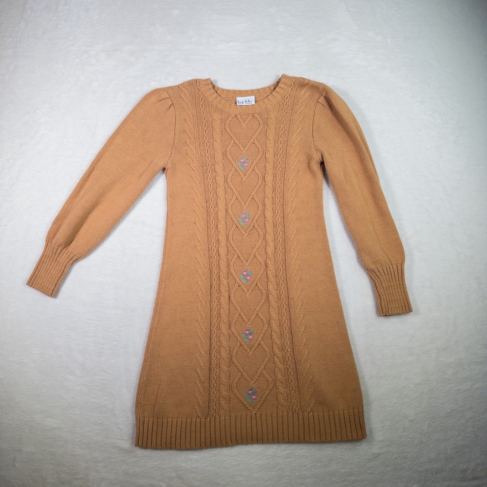 Nicole Miller New York Women's Camel Cable Knit Embroidered‎ Flower Dress M